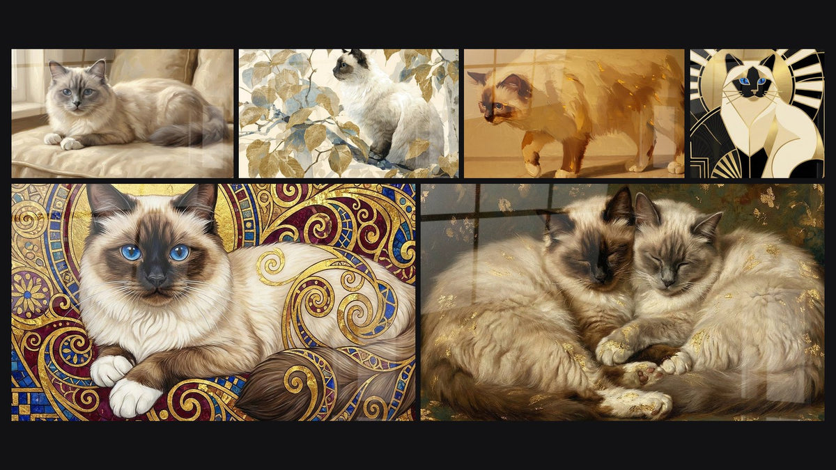 Mosaïque de six tableaux, dont Chat Birman aux Yeux Bleus, Chat Birman dans Feuillage Doré et Chat Birman Ornements Dorés