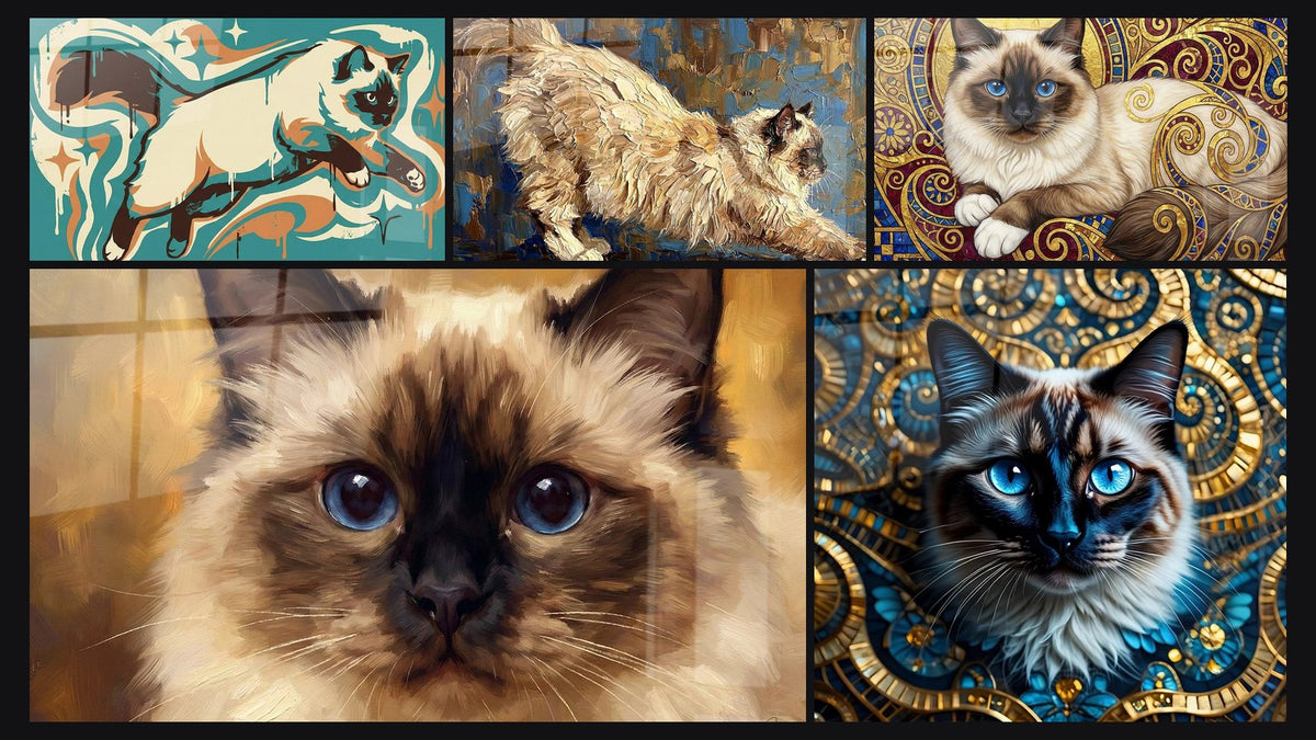 Mosaïque de cinq tableaux, dont Chat Birman Artistique, Chat Birman Allongé et Chat Birman aux Yeux Bleus