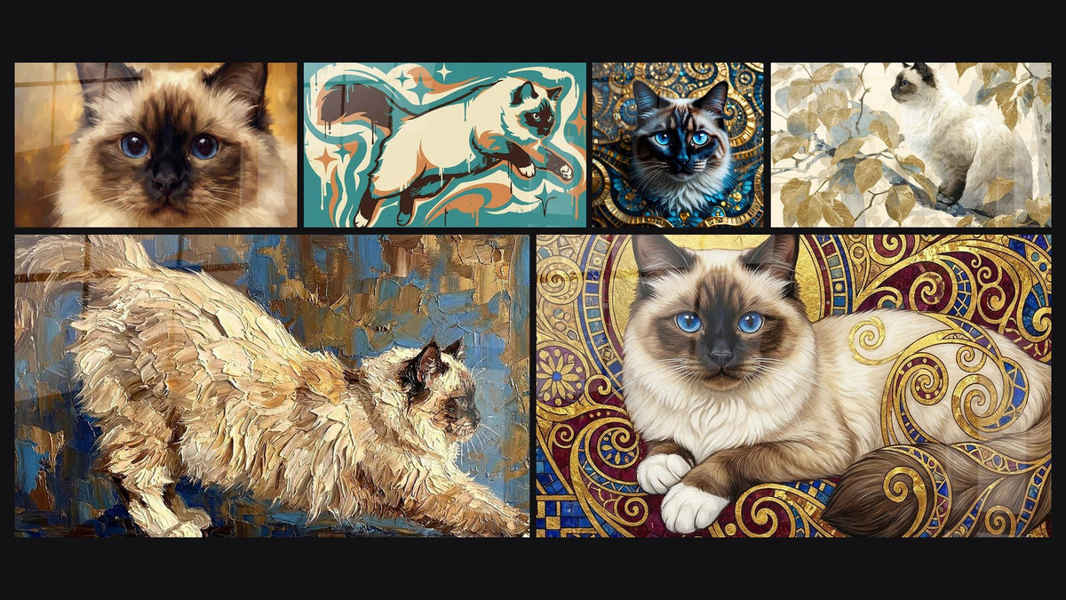 Mosaïque de six tableaux, dont Chat Birman aux Yeux Bleus, Chat Birman Artistique et Chat Birman Allongé