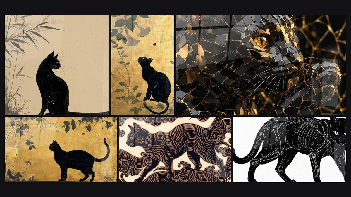 Mosaik aus sechs Gemälden, darunter Schwarze Katze Silhouette Bambus und Schwarze Katze auf goldenem Hintergrund