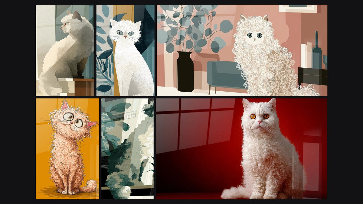 Mosaïque de six tableaux, dont Chat Selkirk Rex à la Fenêtre, Chat Selkirk Rex Bouclé et Chat Selkirk Rex Moderne