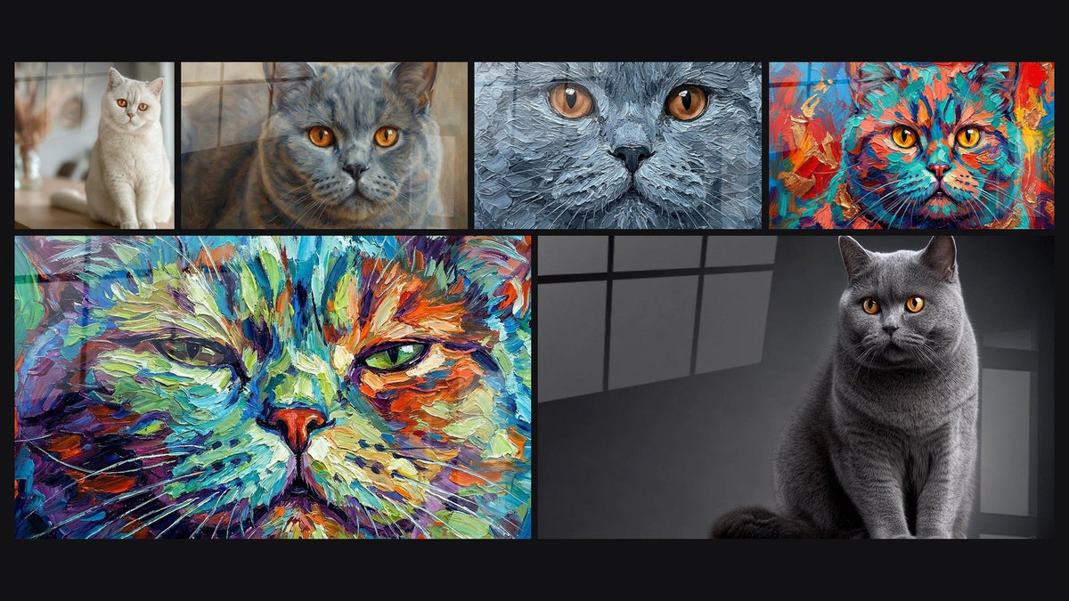 Mosaïque de six tableaux, dont Chat British Shorthair Crème et Chat British Shorthair Bleu aux Yeux Dorés
