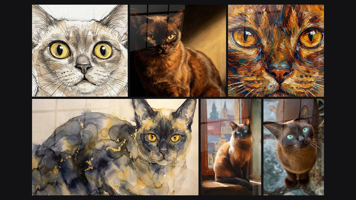 Mosaik aus sechs Gemälden, darunter Birmanische Katze am Fenster und Birmakatze mit goldenem Blick