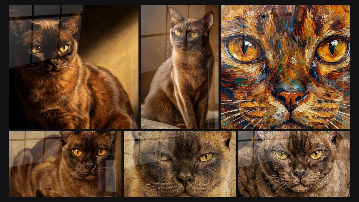 Mosaic of six paintings, including Burmese Cat Golden Gaze and Elegant Burmese Cat