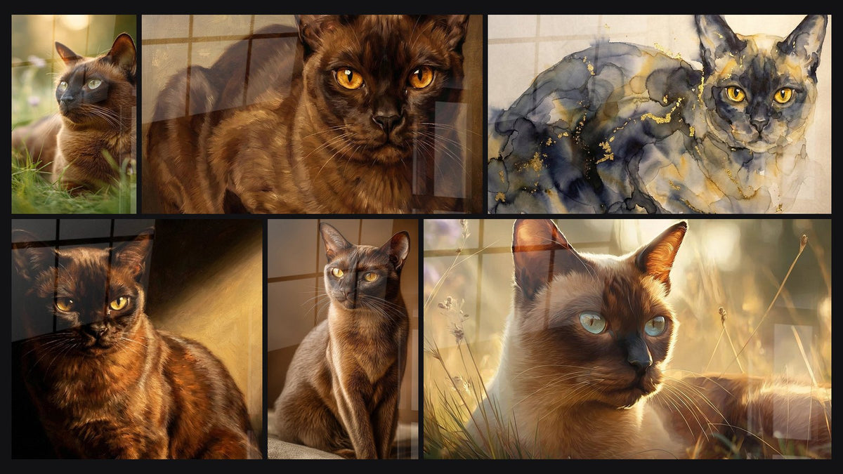 Mosaïque de six tableaux, dont Chat Burmese dans la Lumière Dorée, Chat Burmese au Regard Doré et Chat Burmese aux Yeux Dorés