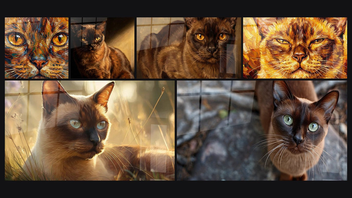 Mosaïque de six tableaux, dont Chat Burmese Regard Hypnotique, Chat Burmese au Regard Doré et Chat Burmese aux Yeux Dorés
