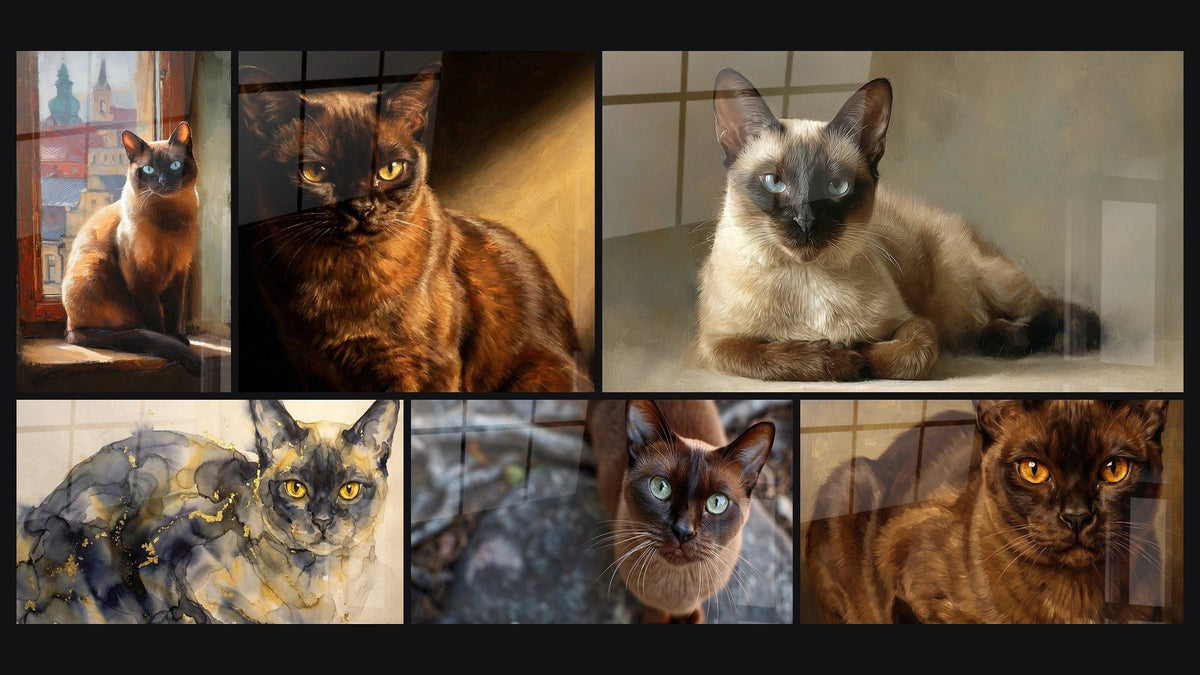 Mosaïque de six tableaux, dont Chat Burmese à la fenêtre, Chat Burmese au Regard Doré et Chat Burmese Aquarelle