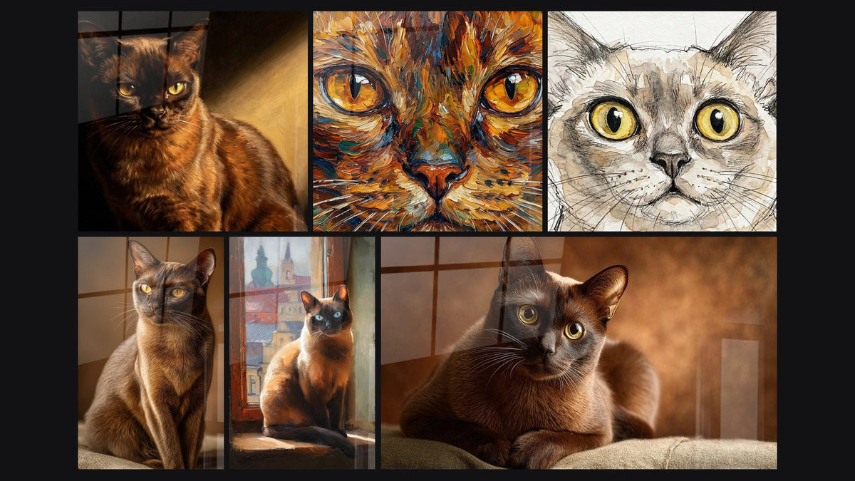 Mosaïque de six tableaux, dont Chat Burmese au Regard Doré, Chat Burmese Élégant et Chat Burmese à la fenêtre