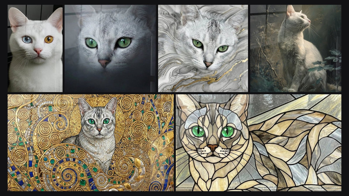 Mosaico de seis cuadros, entre ellos Gato Blanco con Ojos Vairón, Gato Burmilla Ojos Verdes y Gato Ojos Verdes
