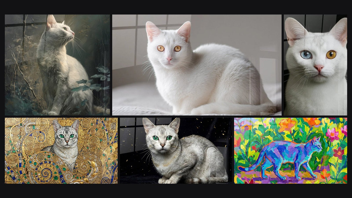 Mosaïque de six tableaux, dont Chat Burmilla Contemplateur et Chat Burmilla Blanc aux Yeux Dorés