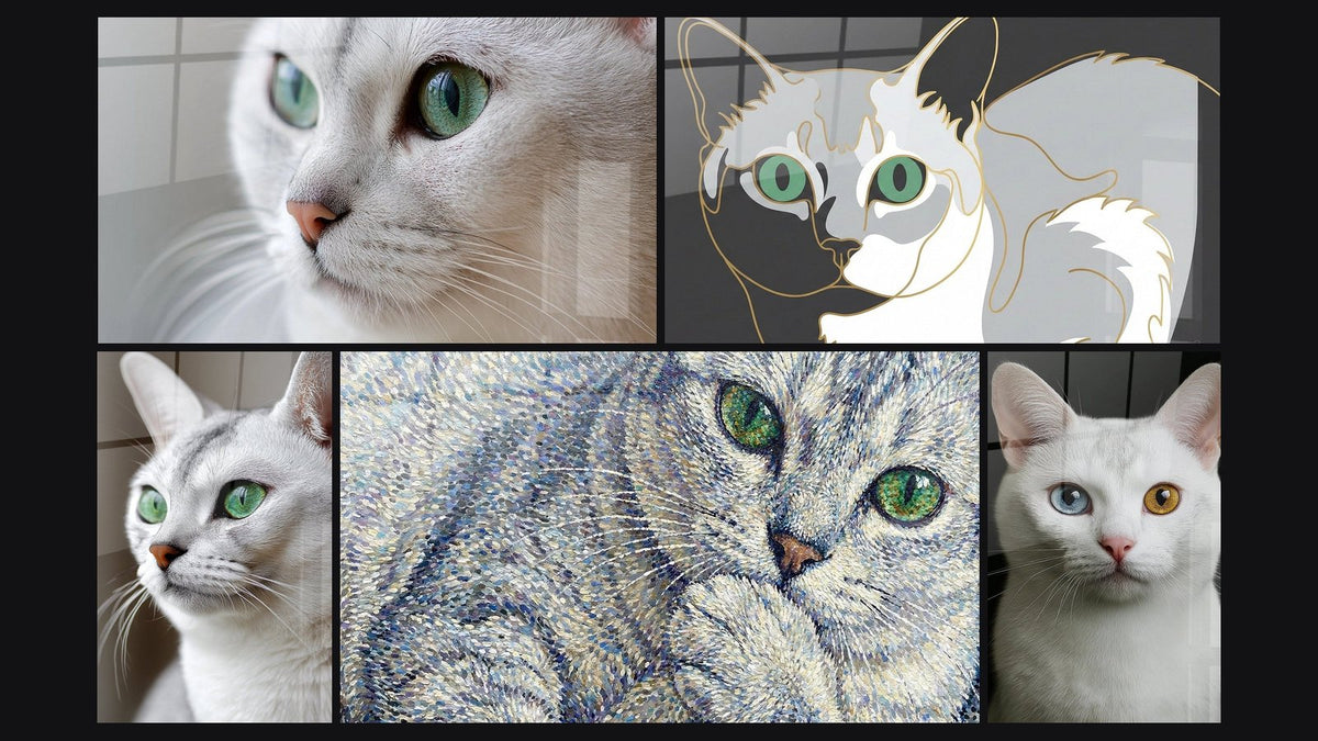 Mosaïque de cinq tableaux, dont Chat Burmilla Yeux Verts, Chat Burmilla Portrait Artistique et Chat Burmilla aux Yeux Verts
