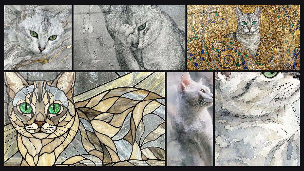 Mosaïque de six tableaux, dont Chat aux Yeux Verts, Chat Burmilla Yeux Verts et Chat Burmilla Mosaïque Dorée