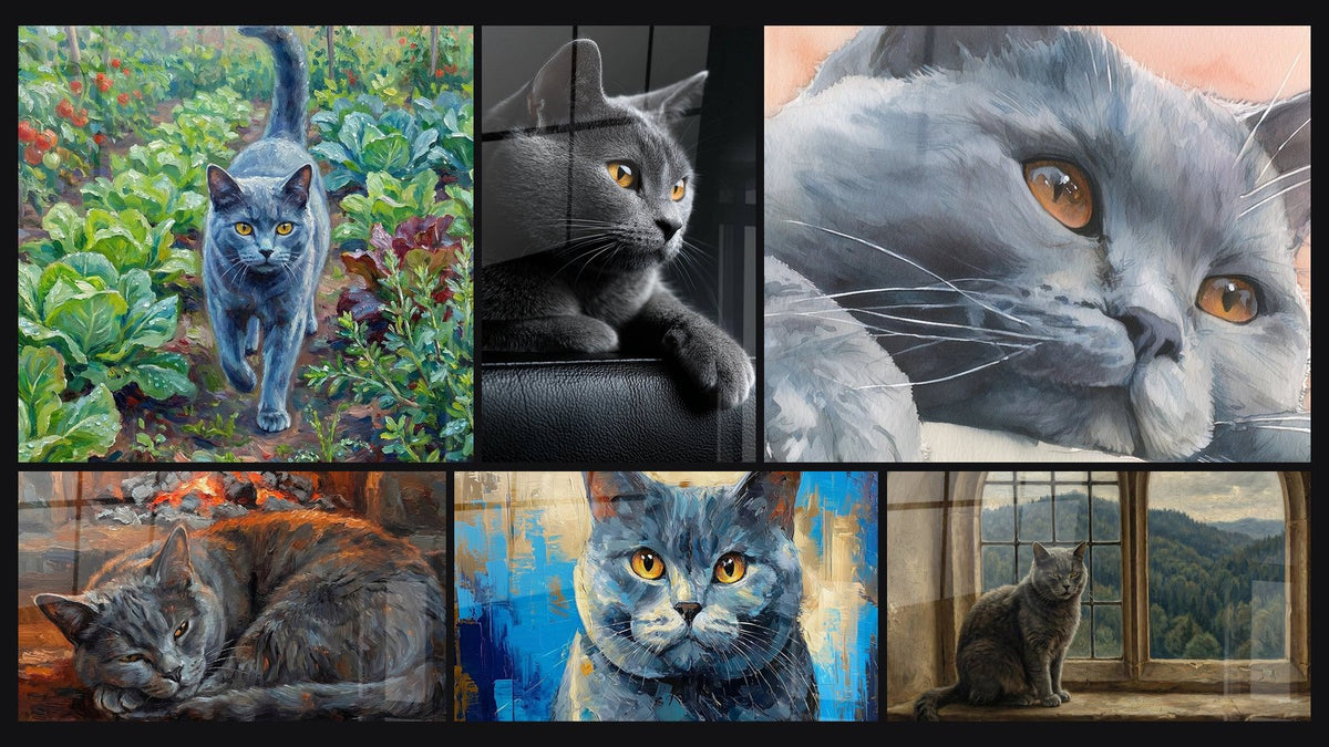 Mosaïque de six tableaux, dont Chat Chartreux dans le Potager, Chat Chartreux près du Feu et Chat Chartreux aux Yeux d'Or