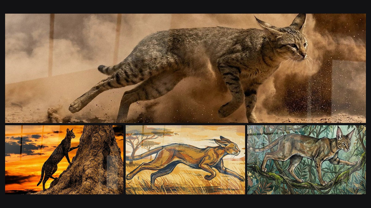 Mosaïque de quatre tableaux, dont Chat Chausie en Action, Chat Chausie Coucher de Soleil et Chat Sauvage en Course