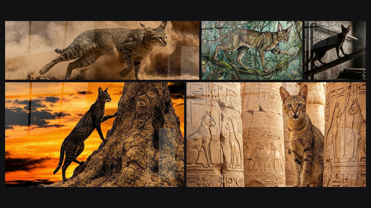 Mosaïque de cinq tableaux, dont Chat Chausie en Action, Chat Chausie Coucher de Soleil et Chat sauvage dans la jungle