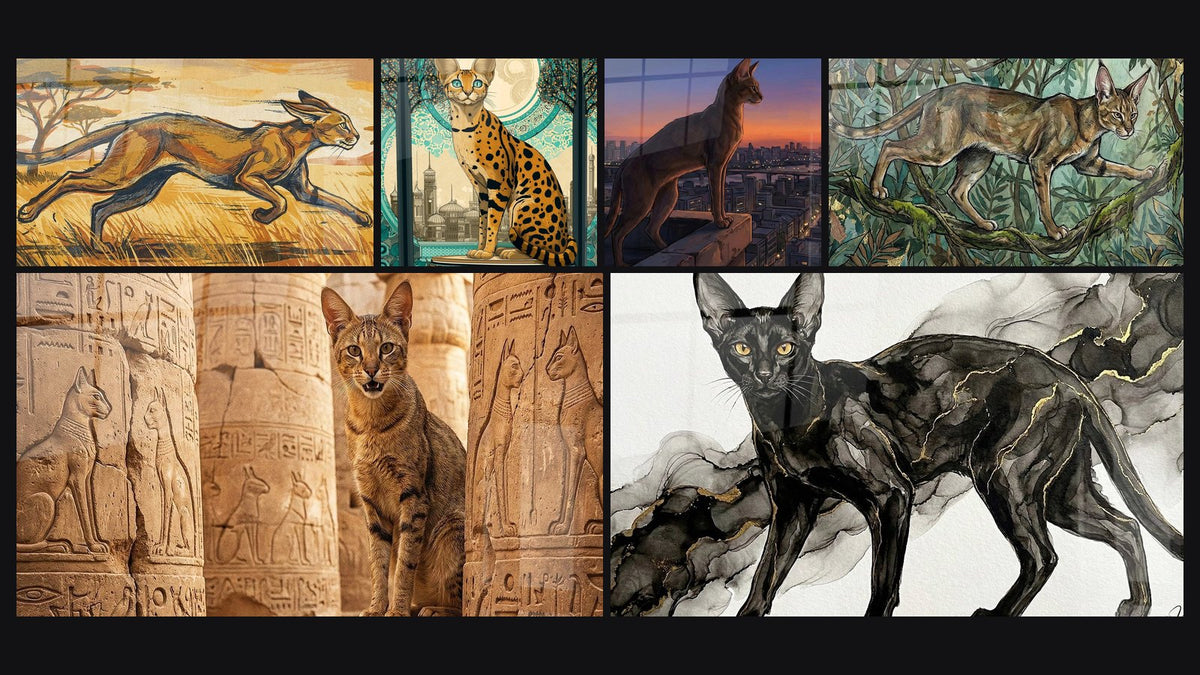 Mosaïque de six tableaux, dont Chat Sauvage en Course, Chat Égyptien Temple Antique et Chat Chausie Orientaliste