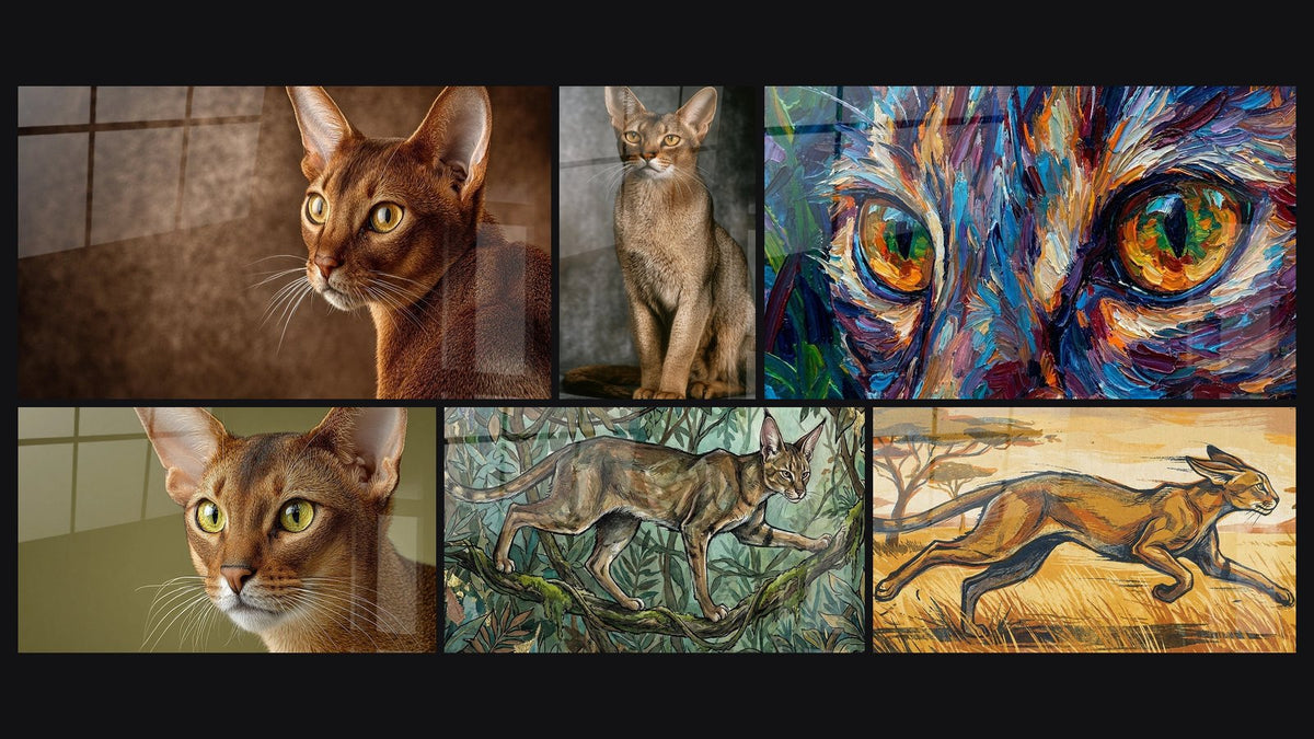 Mosaïque de six tableaux, dont Chat Chausie Profil, Chat Chausie Portrait Regard Intense et Chat Chausie Portrait