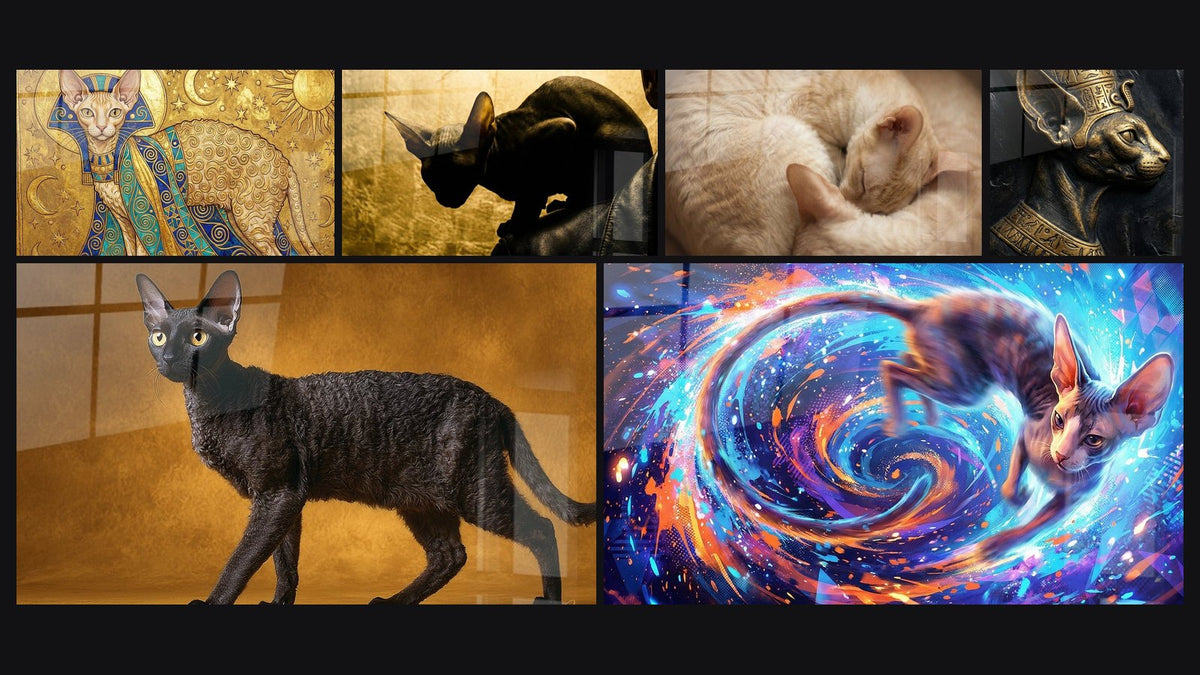 Mosaico di sei quadri, tra cui Chat Cornish Rex Pharaon Egiziano, Silhouette di Cornish Rex e Gattini Addormentati