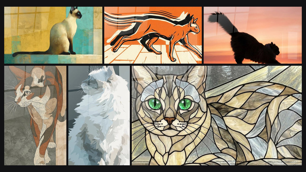 Mosaïque de six tableaux, dont Chat Siamois Contemporain, Chat en Mouvement Dynamique et Chat Serengeti Stylisé
