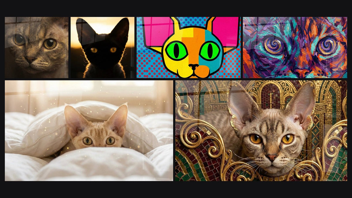 Mosaico di sei quadri, tra cui Gatto Occhi Ambrati e Strisce Selvatiche e Gatto Nero Occhi Dorati Controluce