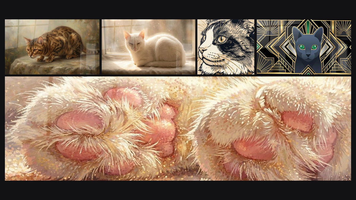 Mosaïque de cinq tableaux, dont Chat Bengal sur Rebord de Fenêtre, Chat Blanc Fenêtre Lumineuse et Pattes de chat Ragamuffin