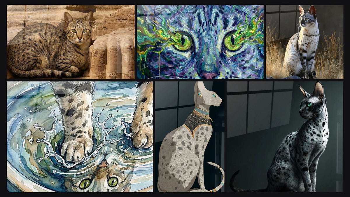Mosaic of six paintings, including Diving Cat, Green-Eyed Cat and Elegant Egyptian Mau Cat