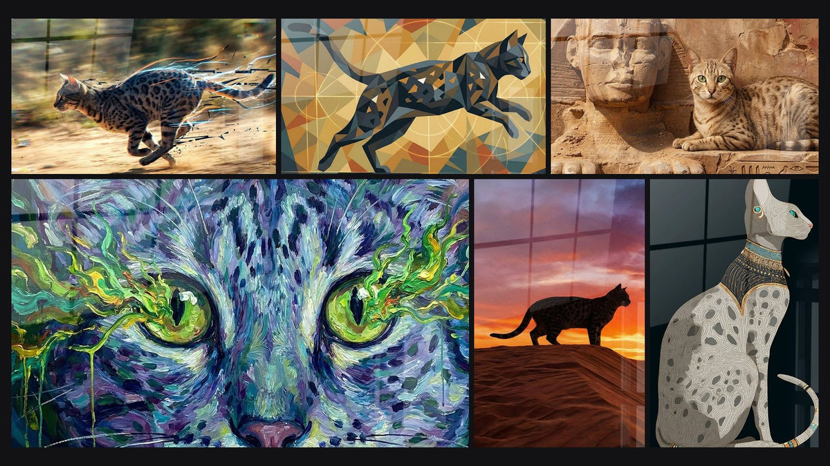 Mosaïque de six tableaux, dont Chat Egyptian Mau en course, Chat Géométrique en Mouvement et Chat aux Yeux Verts