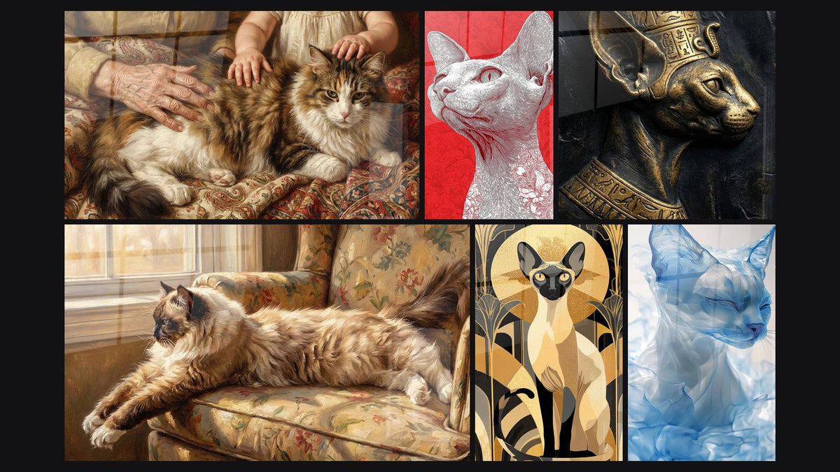 Mosaico di sei quadri, tra cui Chat Ragamuffin e Bambino e Chat Ragdoll su Poltrona Fiorita