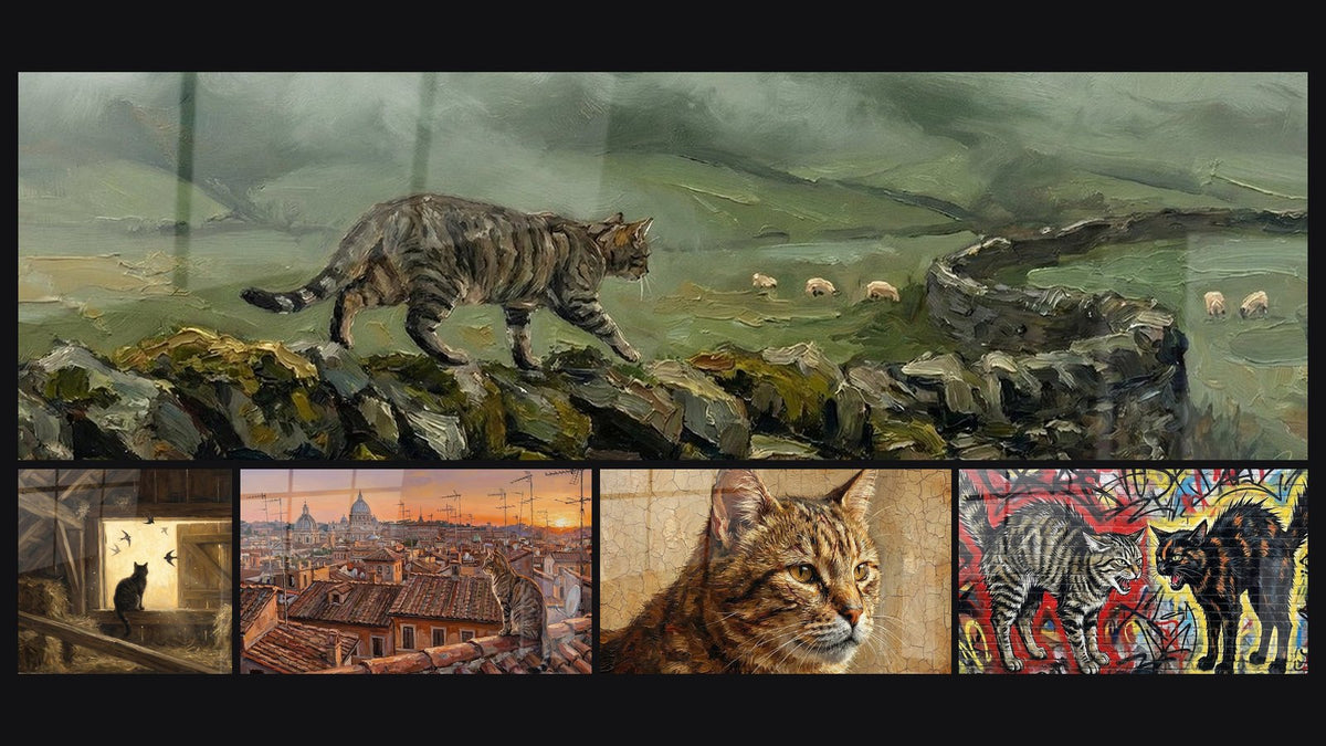 Mosaic of five paintings, including Cat in Rustic Barn and Street Art Graffiti Cats