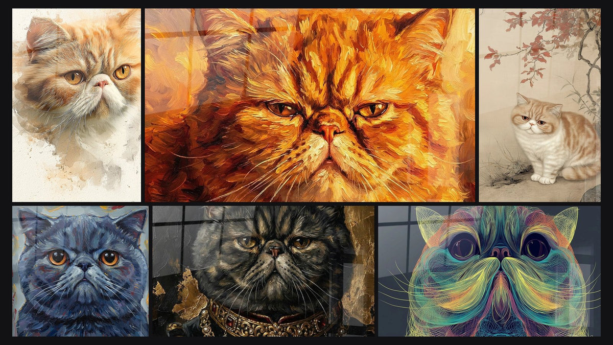 Mosaïque de six tableaux, dont Chat Exotic Shorthair Aquarelle et Chat Exotic Shorthair Bleu aux Yeux Ambrés
