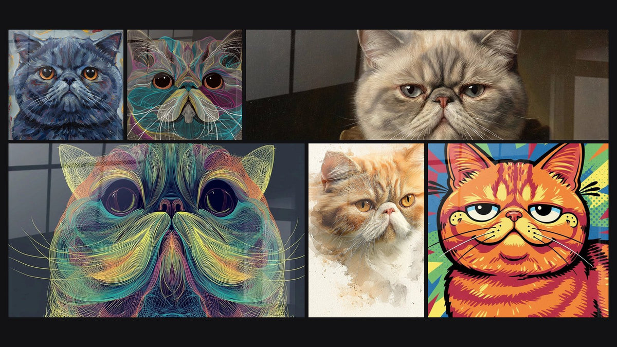Mosaïque de six tableaux, dont Chat Exotic Shorthair Bleu aux Yeux Ambrés et Chat Exotic Shorthair Art Linéaire