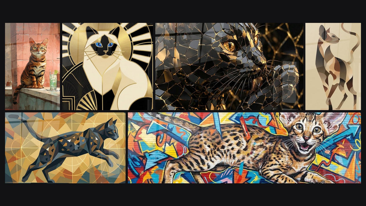 Mosaik aus sechs Gemälden, darunter Toyger-Katze im Badezimmer, Katze Art Déco und Orientalische Katze Graffiti