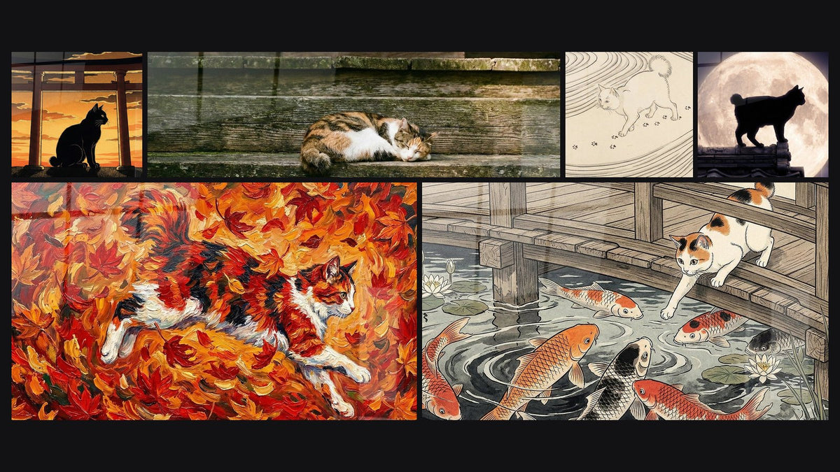 Mosaïque de six tableaux, dont Chat Silhouette Torii Coucher de Soleil et Chat endormi sur escalier en bois