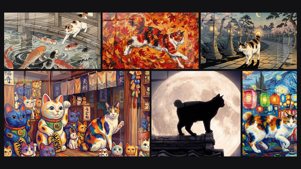 Mosaic of six paintings, including Cat and Koi Carp and Japanese Bobtail Cat Silhouette Moon