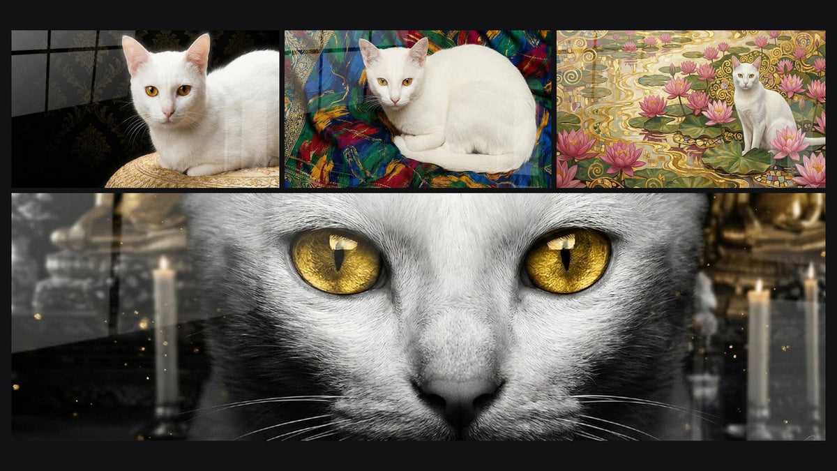 Mosaïque de quatre tableaux, dont Chat Blanc aux Yeux Dorés et Chat Khao Manee yeux dorés