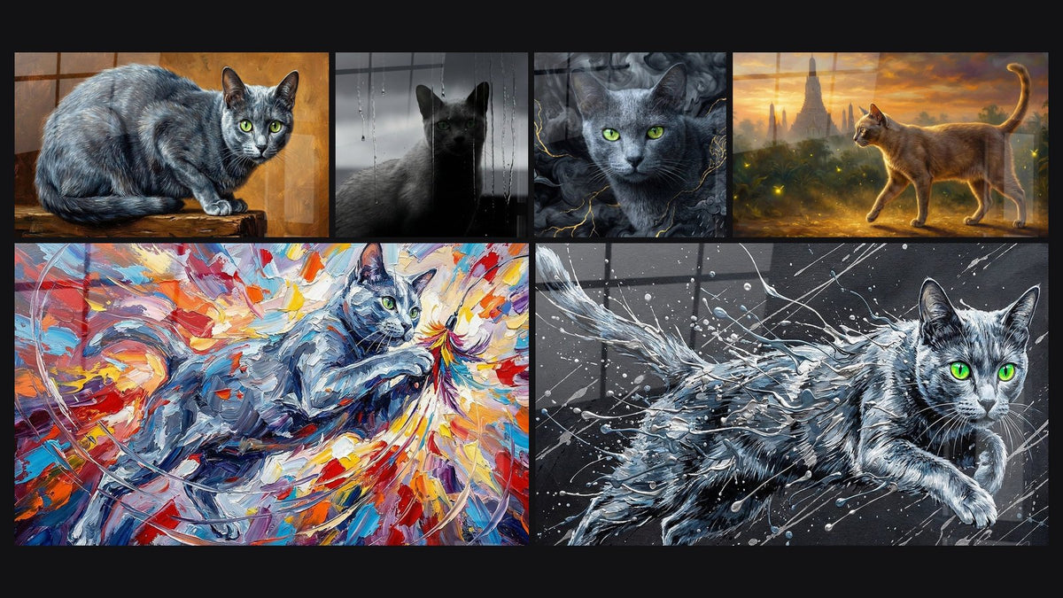 Mosaïque de six tableaux, dont Chat Korat Gris aux Yeux Verts, Chat Korat sous la Pluie et Chat Korat Mystique