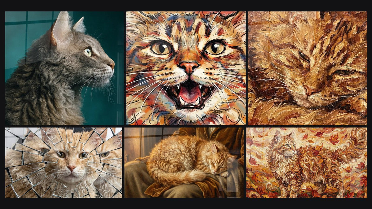 Mosaïque de six tableaux, dont Chat LaPerm Portrait Profil, Chat Laperm Miroir Brisé et Chat Laperm Endormi