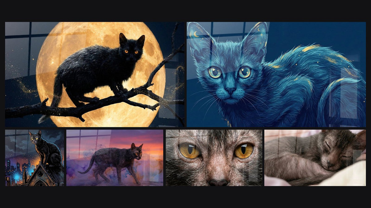 Mosaïque de six tableaux, dont Chat Noir Lune Dorée, Chat Noir sur Cathédrale et Chat Bleu Mystique