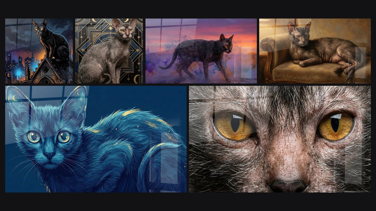 Mosaïque de six tableaux, dont Chat Noir sur Cathédrale, Chat Lykoi Mystique et Chat Bleu Mystique