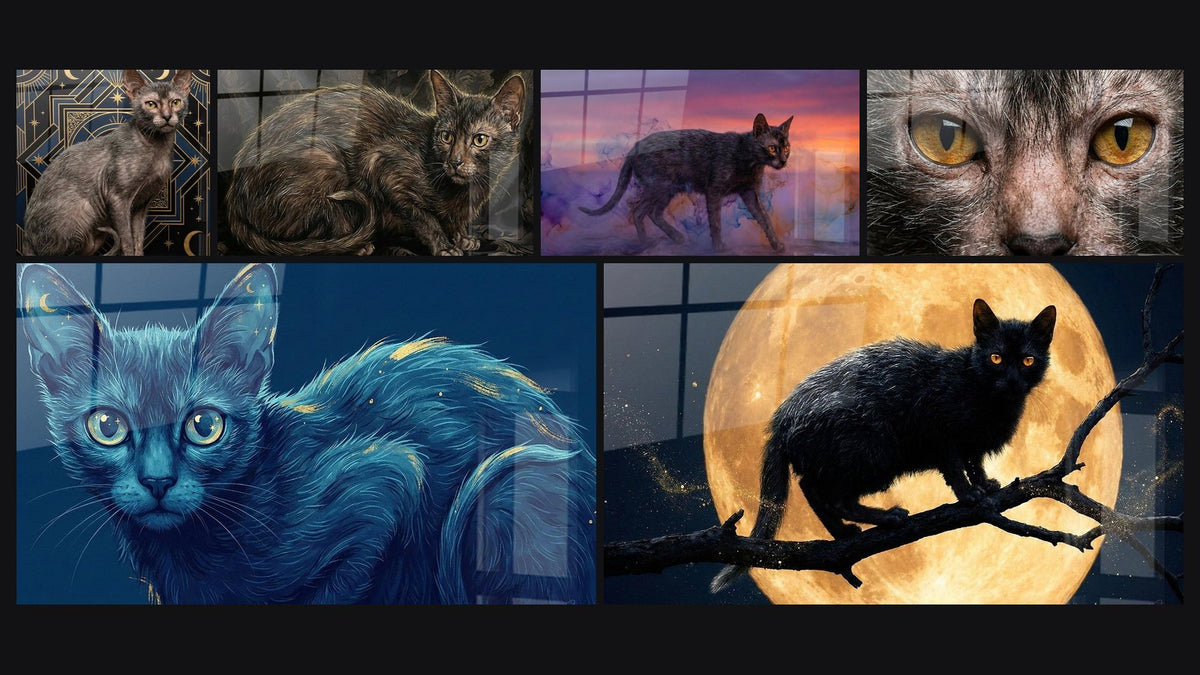 Mosaïque de six tableaux, dont Chat Lykoi Mystique, Chat Lykoi Mystérieux et Chat Bleu Mystique