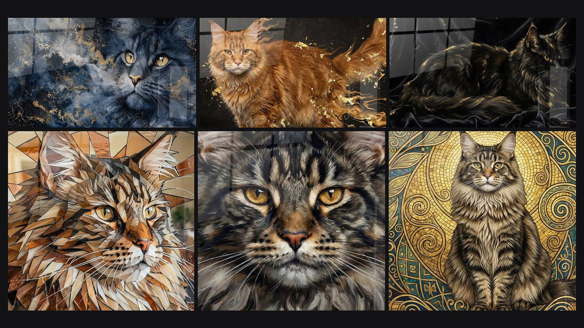Mosaico di sei quadri, tra cui Chat Maine Coon Mosaico, Chat Maine Coon Mosaico Dorato e Chat Maine Coon Rosso
