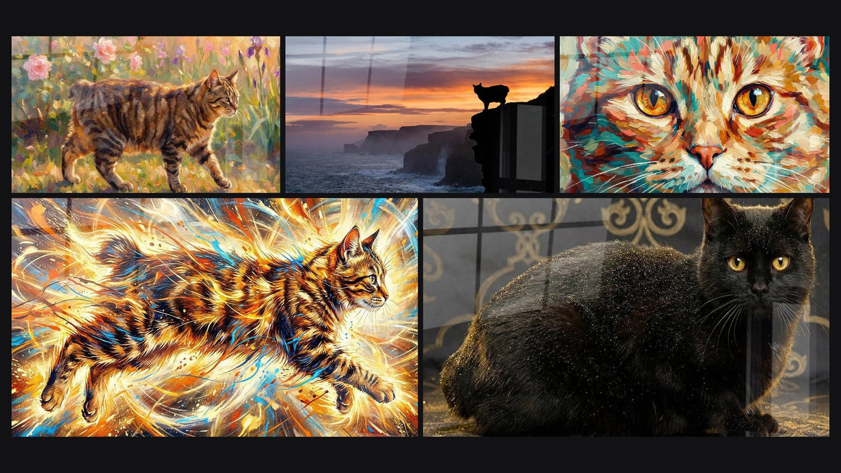 Mosaik aus fünf Gemälden, darunter Manx-Katze im Blumengarten und Farbiges Katzenbild mit goldenen Augen