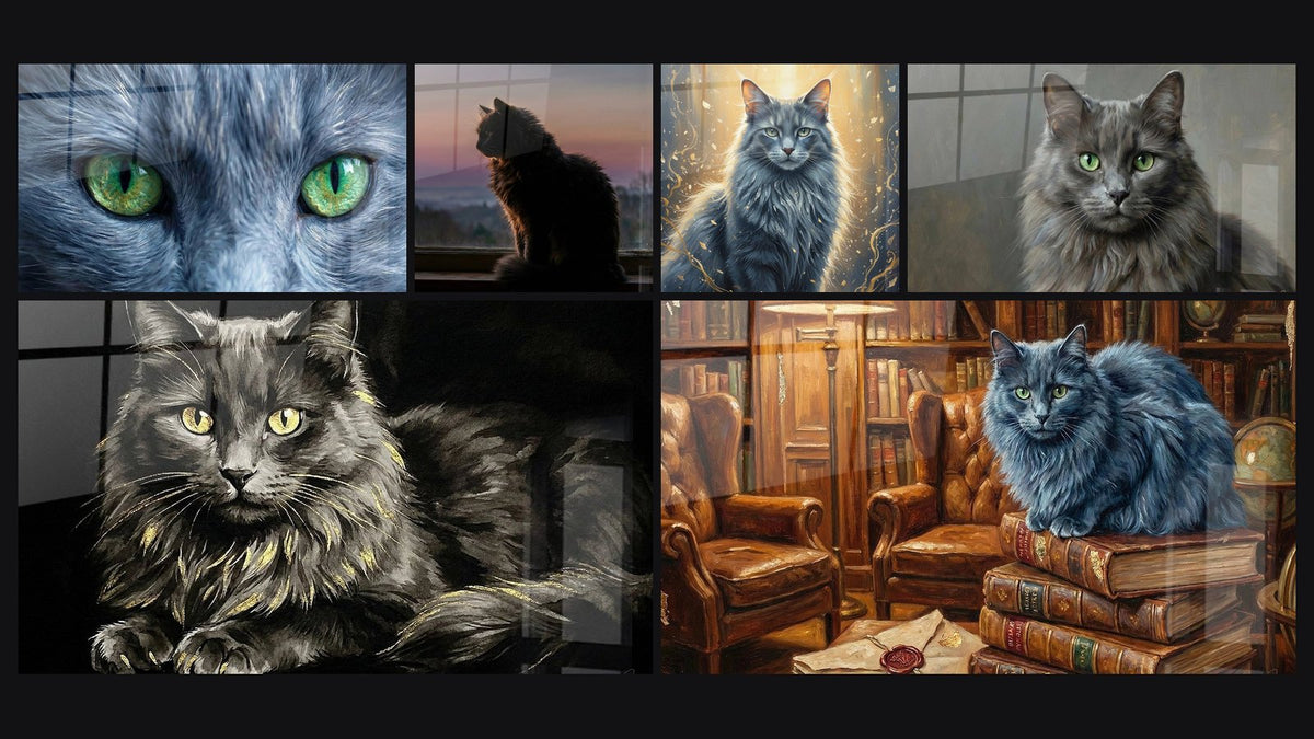 Mozaïek van zes schilderijen, waaronder Hypnotische Blik Nebelung Kat, Nebelung Kat aan het Raam en Mystieke Nebelung Kat