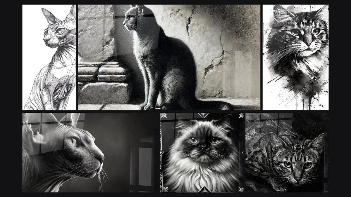 Mosaïque de six tableaux, dont Chat Sphynx Esquisse, Chat Sphynx Profil et Félin Solitaire