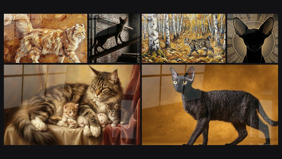 Mosaïque de six tableaux, dont Chat aux Oreilles Recourbées et Chat Chausie sur Escalier Industriel