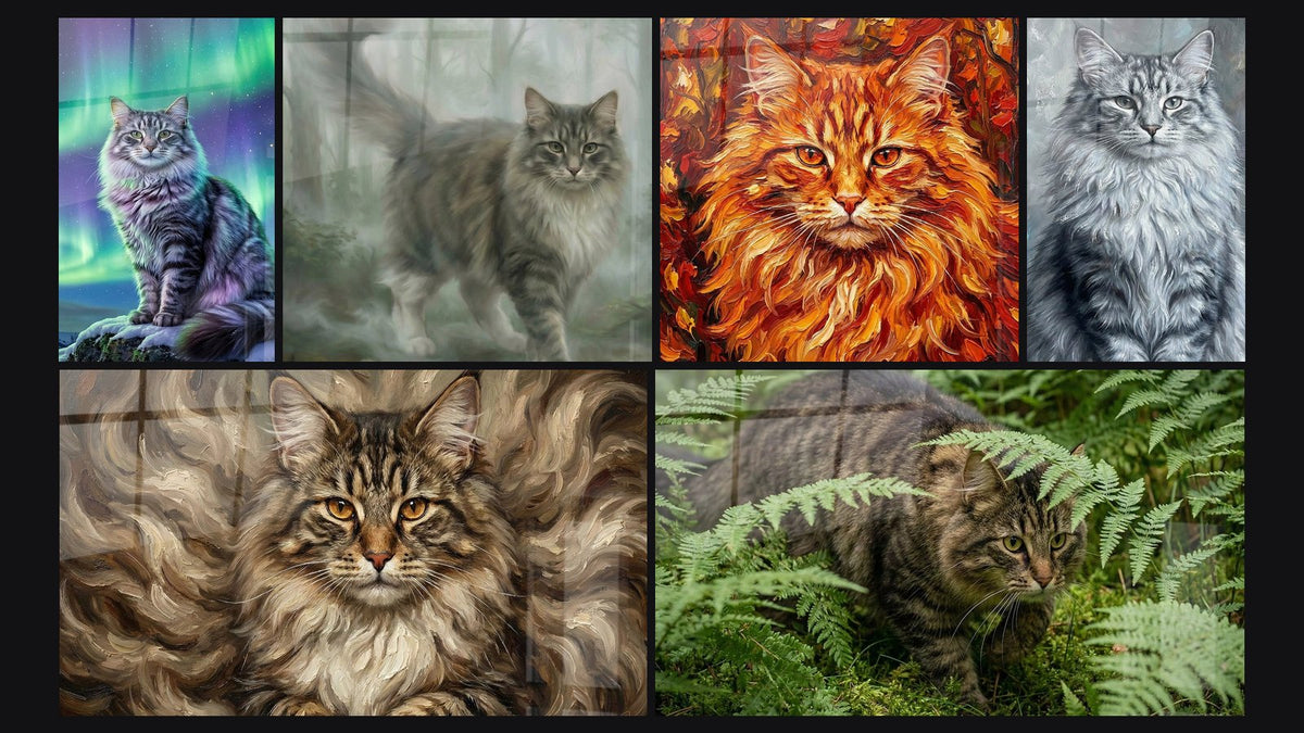 Mosaico di sei quadri, tra cui Chat Roux Autunnale e Chat Gatto delle Foreste Norvegesi