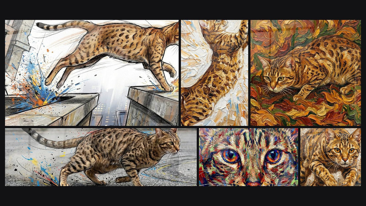 Mosaïque de six tableaux, dont Chat Ocicat Urbain, Chat Ocicat en Mouvement et Chat Expressionniste Multicolore