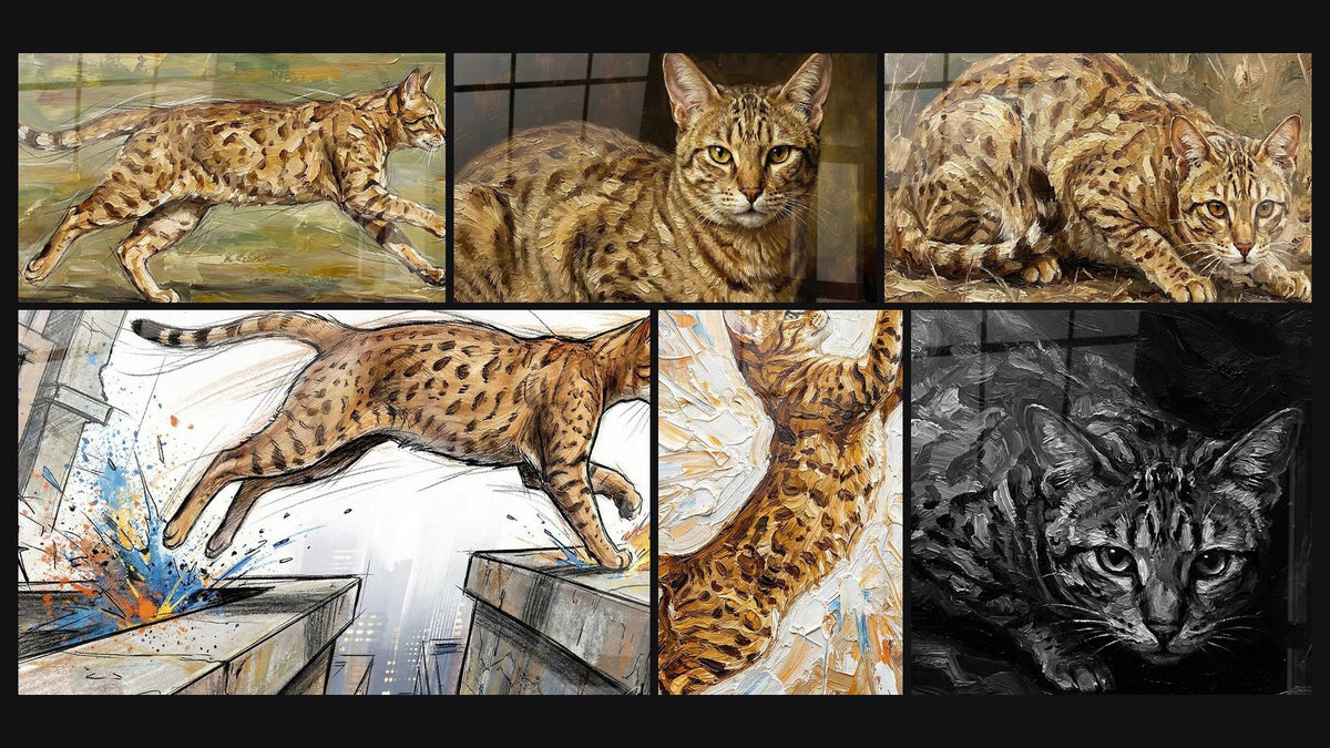 Mosaïque de six tableaux, dont Chat Ocicat en mouvement, Chat Ocicat Portrait Réaliste et Chat Ocicat Urbain