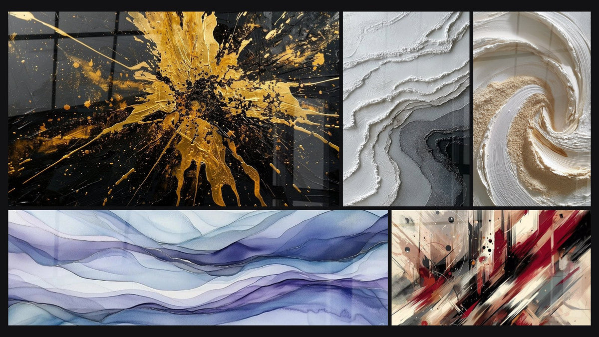 Mosaïque de cinq tableaux, dont Nappes Oniriques Pervenche et Spirale dorée et blanche en relief texturé