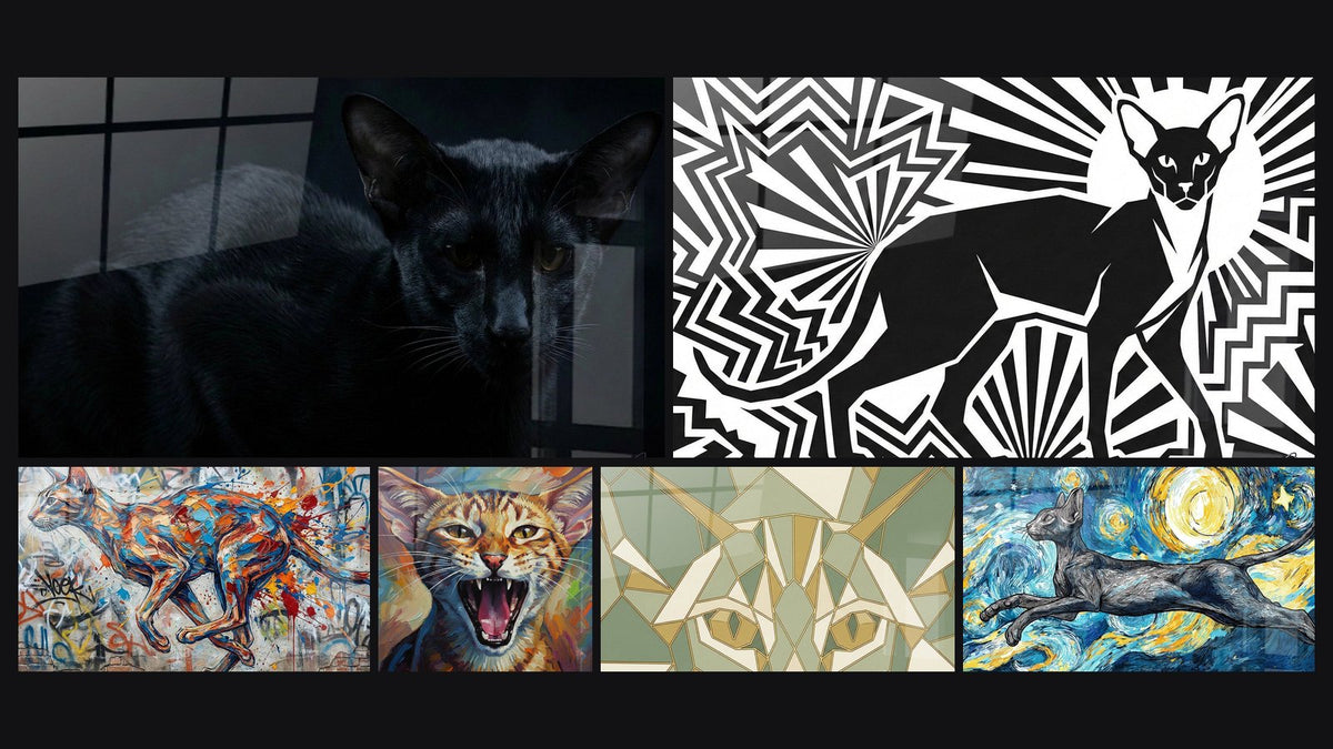 Mosaïque de six tableaux, dont Chat Oriental Noir dans l'Ombre, Chat Oriental Shorthair Street Art et Chat rugissant coloré